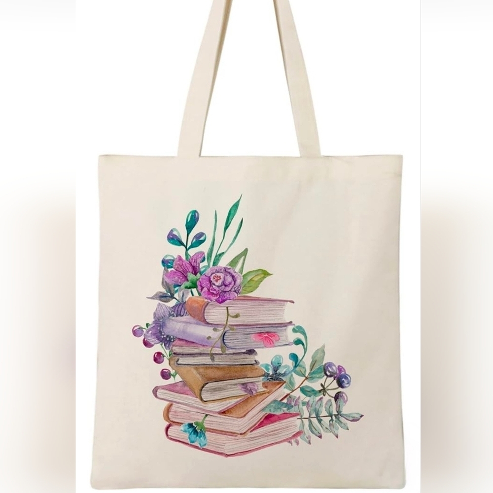 Books & Flowers Cotton Canvas Tote Bag with 2 Inner Pockets Reusable Washable